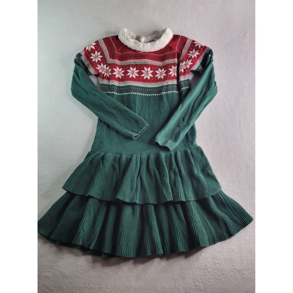 Gymboree Girls Green Red Fair Isle Snowflake Sweater Dress Faux Fur Collar 12